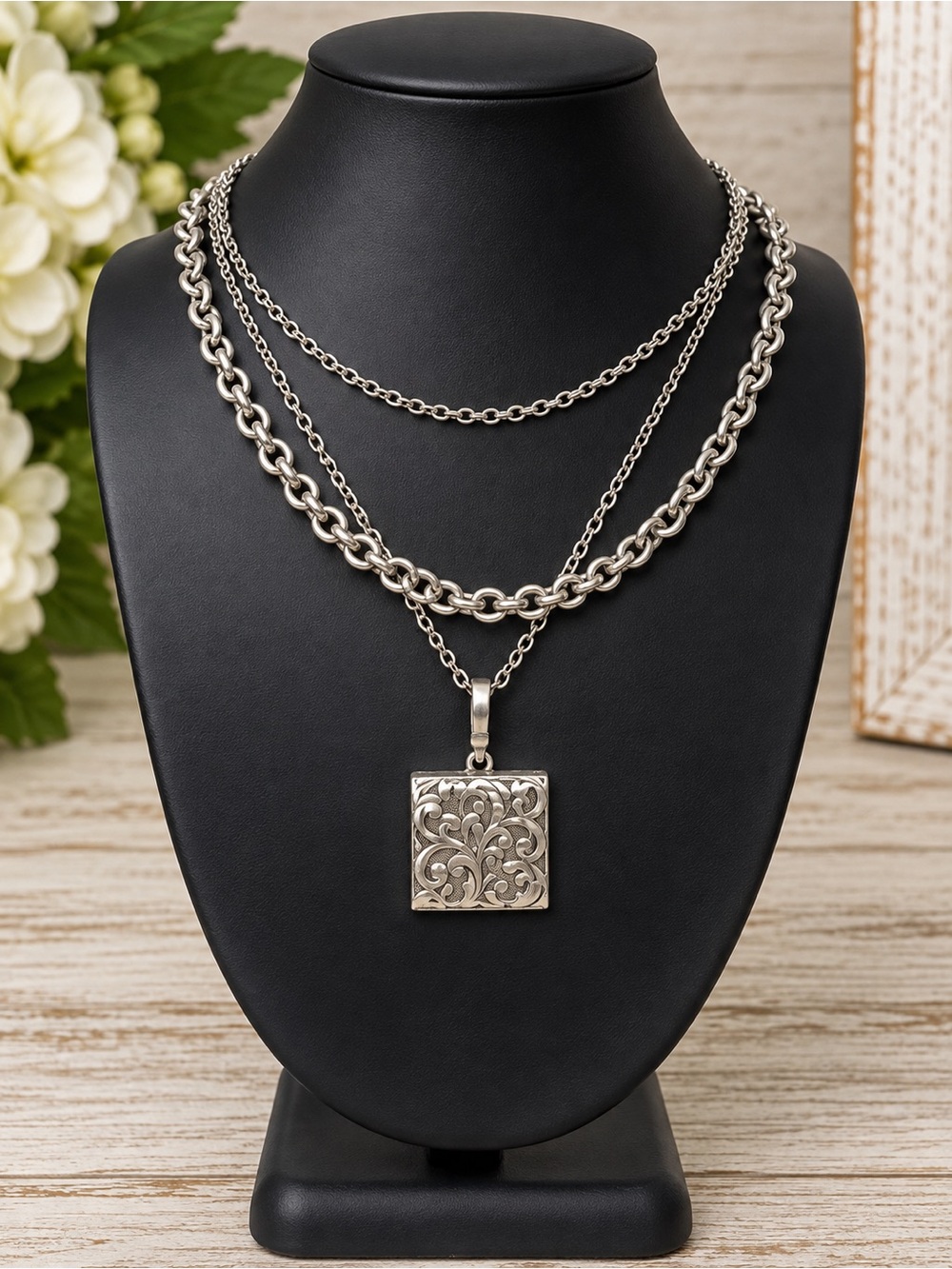 Lois Hill Sterling Silver Triple Chain Layered Pendant Necklace Toggle